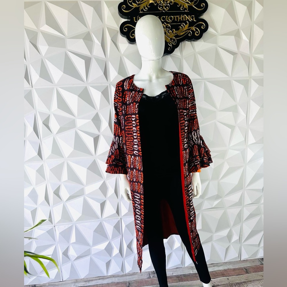 Red and Black Patterned Open Cardigan